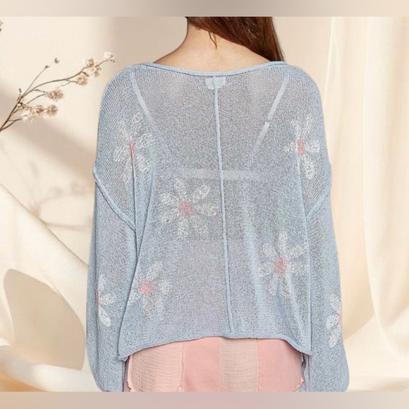POL The Daisy Drift Sweater | Sky Blue Lightweight Floral Balloon Sleeve Top - Picture 5 of 7